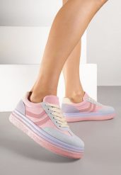 Różowo-Niebieskie Sneakersy Typu Kultowe Tenisówki na Niskiej Platformie Olritia. Czerwone buty sportowe lifestyle Renee, z aplikacjami, z jeansu, sportowe, bez zapięcia. Za 89.99 zł.