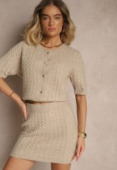 Beżowa Spódnica Sweterkowa z Wełną High Waist Selzeki. Brązowe spódnice Renee, do pracy, bez wzorów, z wełny, biznesowe, mini, koszulowe. W wyprzedaży za 91.99 zł.