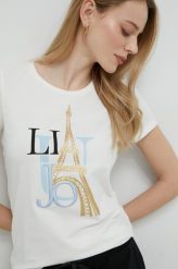 Liu Jo t-shirt damski kolor beżowy. Brązowe t-shirty Liu Jo, l, z aplikacjami, bez kołnierzyka, bez ramiączek. Za 359.99 zł.