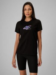 4F T-shirt regular z nadrukiem damski - czarny L. Czarne t-shirty 4f, l, bez wzorów, z bawełny, wakacyjne, bez kołnierzyka, bez ramiączek. Za 59.99 zł.