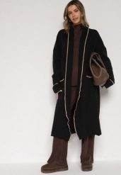 Czarny Długi Niezapinany Kardigan Ozdobiony Lamówką Veritusa. Czarne swetry Born2be, uniwersalny, bez wzorów, z jeansu, klasyczne, bez ramiączek. Za 119.99 zł.