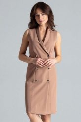 Elegancka żakietowa sukienka z kopertowym dekoltem bezowa. Brązowe sukienki Sukienki.shop, do pracy, l, bez wzorów, biznesowe, bez kołnierzyka, bez ramiączek, midi, kopertowe. Za 239.00 zł.