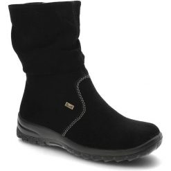 Botki damskie Rieker, cholewka z licowej skóry naturalnej z wysoką cholewką i klasycznym sznurowaniem, czarne, Y7116‑00. Czarne botki Rieker, z aplikacjami, ze skóry, eleganckie, przed kolano, bez obcasa, na obcasie, bez zapięcia. Za 339.00 zł.