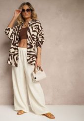 Jasnobeżowe Spodnie Palazzo o Szerokim Kroju High Waist Ollevia. Brązowe jeansy Renee, l, z aplikacjami, z jeansu, eleganckie, z podwyższonym stanem. W wyprzedaży za 29.99 zł.