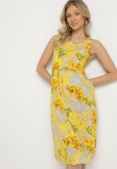 Żółta Sukienka w Kwiaty o Rozkloszowanym Kroju na Szerokich Ramiączkach Naivoriel. Żółte sukienki Born2be, na co dzień, l, bez wzorów, z zamszu, eleganckie, bez kołnierzyka, bez ramiączek, midi, rozkloszowane. Za 49.99 zł.