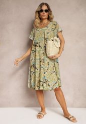 Żółta Sukienka Boho z Wiskozy z Cienkim Paskiem w Talii Rivasea. Żółte sukienki Renee, bez wzorów, z wiskozy, boho, bez kołnierzyka, bez ramiączek, midi, rozkloszowane. W wyprzedaży za 55.99 zł.