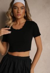 Czarny T-shirt z Bawełną z Prążkowanej Dzianiny Adlesse. Czarne t-shirty Renee, l, bez wzorów, z bawełny, bez kołnierzyka, bez ramiączek. W wyprzedaży za 39.99 zł.