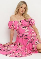 Fuksjowa Sukienka w Kwiaty z Dekoltem Łódką z Bawełną o Rozkloszowanym Kroju Annilva. Czerwone sukienki Born2be, na co dzień, l, bez wzorów, z bawełny, eleganckie, bez kołnierzyka, bez ramiączek, midi, rozkloszowane. W wyprzedaży za 62.99 zł.