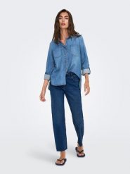 ONLY Bluzka dżinsowa w kolorze błękitnym rozmiar: XS. Niebieskie bluzki ONLY, xs, bez wzorów, z bawełny, bez kołnierzyka, bez ramiączek. Za 109.78 zł.