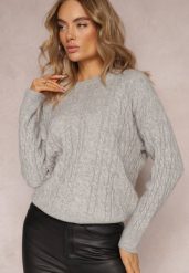 Szary Sweter z Okrągłym Dekoltem i Splotem w Warkocze Dawnitta. Szare swetry Renee, bez wzorów, z dzianiny, casualowe, bez ramiączek. Za 49.99 zł.