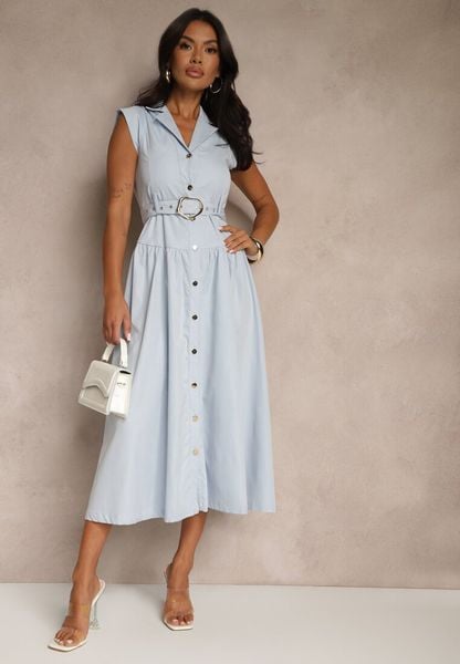 Niebieska Koszulowa Sukienka z Ozdobnym Paskiem Deviolin. Niebieskie sukienki Renee, na co dzień, m, z aplikacjami, eleganckie, bez kołnierzyka, bez ramiączek, maxi, koszulowe. Za 159.99 zł.