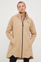 Adidas kurtka damska kolor beżowy przejściowa. Brązowe kurtki adidas, l, bez wzorów, z materiału, z kapturem. Za 849.99 zł.