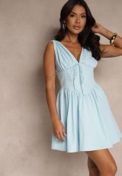 Niebieska Rozkloszowana Sukienka Vices Bez Rękawów Zdobiona Kokardką Folawenna. Niebieskie sukienki Renee, na co dzień, l, z aplikacjami, eleganckie, bez kołnierzyka, bez ramiączek, mini, rozkloszowane. W wyprzedaży za 99.99 zł.