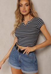Granatowo-Biały T-shirt z Bawełny z Krótkim Rękawem i Ozdobnym Wycięciem Relenna. Niebieskie t-shirty Renee, m, bez wzorów, z bawełny, bez kołnierzyka, bez ramiączek. W wyprzedaży za 39.99 zł.