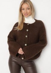 Brązowy Kardigan z Dodatkiem Wełny i Wiskozy o Nietoperzowym Kroju Tiaravia. Brązowe swetry Born2be, bez wzorów, z jeansu, eleganckie, bez ramiączek. Za 159.99 zł.