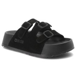 Klapki damskie Big Star, cholewka z materiału tekstylnego z dwoma regulowanymi paskami i sprzączkami, czarne, TT274531. Czarne klapki BIG STAR, bez wzorów, retro, bez obcasa, bez zapięcia. Za 197.90 zł.
