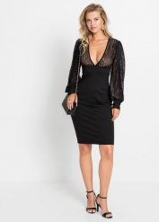Dopasowana sukienka midi z koronką. Czarne sukienki bonprix, bez wzorów, z koronki, bez kołnierzyka, bez ramiączek, midi, dopasowane. Za 144.99 zł.
