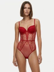 Guess Body O6RM03 KC600 Czerwony. Czerwone body i gorsety Guess, z aplikacjami, z syntetyku, bez ramiączek. Za 399.99 zł.
