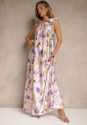 Fioletowa Sukienka z Satyny w Kwiatowy Wzór Fenimea. Fioletowe sukienki Renee, na imprezę, s, bez wzorów, z satyny, eleganckie, bez kołnierzyka, bez ramiączek, maxi. W wyprzedaży za 143.99 zł.
