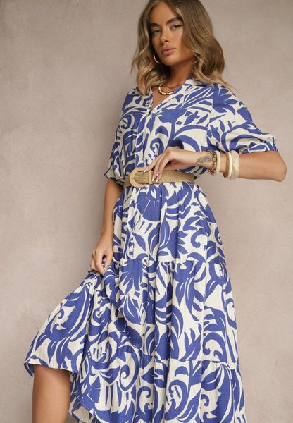 Niebieska Rozkloszowana Sukienka z Wiskozy Ozdobiona Falbaną Filesenia. Niebieskie sukienki Renee, na spotkanie biznesowe, l, bez wzorów, z wiskozy, eleganckie, bez kołnierzyka, bez ramiączek, midi, rozkloszowane. Za 89.99 zł.