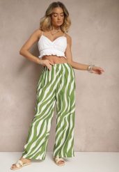 Zielono-Białe Spodnie o Szerokim Kroju High Waist Ozdobione Paskami Lisamelia. Zielone jeansy Renee, l, bez wzorów, z jeansu, eleganckie, z podwyższonym stanem. W wyprzedaży za 29.99 zł.
