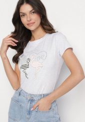 Jasnoszary T-shirt z Bawełny z Cyrkoniami i Nadrukiem Listebia. Szare t-shirty Born2be, m, bez wzorów, z bawełny, klasyczne, bez kołnierzyka, bez ramiączek. Za 49.99 zł.