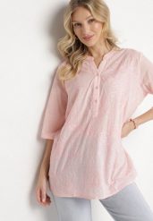 Jasnoróżowa Haftowana Koszula z Bawełny z Podwijanymi Rękawami Aradwena. Czerwone koszule Born2be, l, bez wzorów, z bawełny, eleganckie, bez kołnierzyka, bez ramiączek. Za 89.99 zł.