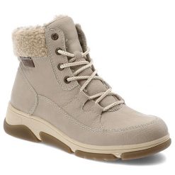 Botki damskie Rieker o sznurowanym fasonie z ocieplanym wnętrzem miękkim kołnierzem i lekką elastyczną podeszwą beżowe, L5603-60 Beige. Brązowe botki Rieker, bez wzorów, z dzianiny, eleganckie, bez obcasa, bez zapięcia. Za 399.00 zł.