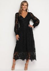 Czarna Sukienka Koronkowa o Rozkloszowanym Kroju w Stylu Retro Lerilis. Czarne sukienki Born2be, na imprezę, m, bez wzorów, z koronki, eleganckie, bez kołnierzyka, bez ramiączek, midi, rozkloszowane. W wyprzedaży za 229.49 zł.