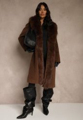 Brązowy Płaszcz z Odpinanym Futerkiem Lillvana. Brązowe płaszcze Renee, l, bez wzorów, z jeansu, eleganckie, bez kaptura. Za 349.99 zł.