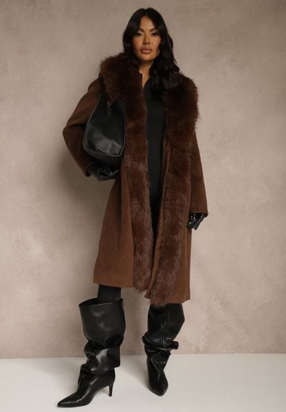 Brązowy Płaszcz z Odpinanym Futerkiem Lillvana. Brązowe płaszcze Renee, l, bez wzorów, z jeansu, eleganckie, bez kaptura. Za 349.99 zł.