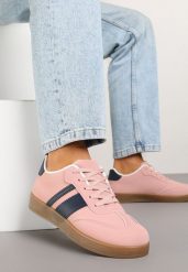 Różowe Sneakersy Typu Tenisówki Ozdobione Paskami Amolana. Czerwone trampki Renee, bez wzorów, z jeansu, sportowe, bez zapięcia. W wyprzedaży za 67.99 zł.
