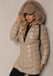 Beżowa Kurtka Pikowana o Długim Kroju Ozdobiona Sznurkami i Odpinanym Futerkiem Lorrina. Brązowe kurtki Renee, l, bez wzorów, z dzianiny, bez kaptura. Za 109.99 zł.