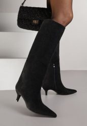 Czarne Eleganckie Kozaki do Kolana na Obcasie Typu Kaczuszka Tesaira. Czarne kozaki Born2be, bez wzorów, z jeansu, biznesowe, bez obcasa, na obcasie, bez zapięcia. Za 189.99 zł.