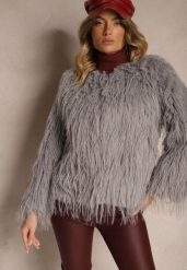 Jasnoszara Futerkowa Kurtka o Prostym Kroju z Zapięciem na Haftki Sialithiel. Szare kurtki Renee, l, bez wzorów, eleganckie, bez kaptura. Za 179.99 zł.