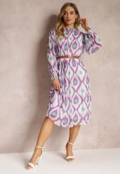 Fioletowa Sukienka Ozdobiona Wzorem i Plisowaniem z Paskiem w Komplecie Bertina. Fioletowe sukienki Renee, l, bez wzorów, eleganckie, bez kołnierzyka, bez ramiączek, midi. W wyprzedaży za 111.99 zł.