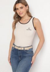 Jasnobeżowy Wiskozowy Top Ozdobiony Nadrukiem Amovara. Brązowe topy Born2be, m, bez wzorów, z jeansu, bez kołnierzyka, bez ramiączek. Za 49.99 zł.