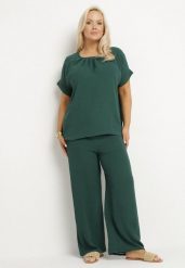 Ciemnozielony Komplet z Bawełną Bluzka z Marszczeniem i Szerokie Spodnie Jenindriela. Zielone bluzki Born2be, xl, bez wzorów, z bawełny, eleganckie, bez kołnierzyka, bez ramiączek. Za 119.99 zł.