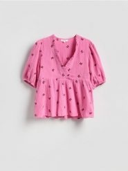 Muślinowa bluzka - różowy. Czerwone bluzki Reserved, l, bez wzorów, z bawełny, bez kołnierzyka, bez ramiączek. Za 159.99 zł.