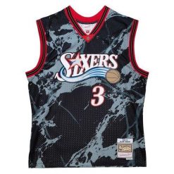 Marmurowa koszula Philadelphia 76ers NBA Team Swingman 2000/01. Czarne koszule Mitchell & Ness, bez wzorów, z poliesteru, sportowe, bez kołnierzyka, bez ramiączek. Za 632.50 zł.