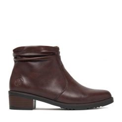 Botki Rieker. Brązowe botki Rieker, bez wzorów, bez obcasa, na słupku, bez zapięcia. Za 349.99 zł.