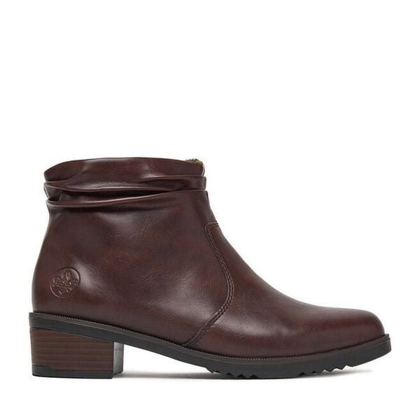 Botki Rieker. Brązowe botki Rieker, bez wzorów, bez obcasa, na słupku, bez zapięcia. Za 349.99 zł.