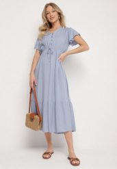 Niebieska Bawełniana Sukienka o Rozkloszowanym Kroju z Wiązaniem w Talii Folarina. Niebieskie sukienki Born2be, na co dzień, l, bez wzorów, z bawełny, eleganckie, bez kołnierzyka, bez ramiączek, midi, rozkloszowane. W wyprzedaży za 46.74 zł.