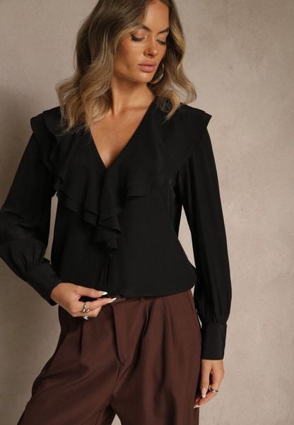 Czarna Koszula Vices z Dekoltem z Falbanami i Bufiastymi Rękawami Zoiruna. Czarne koszule Renee, l, bez wzorów, z jeansu, boho, bez kołnierzyka, bez ramiączek. Za 99.99 zł.