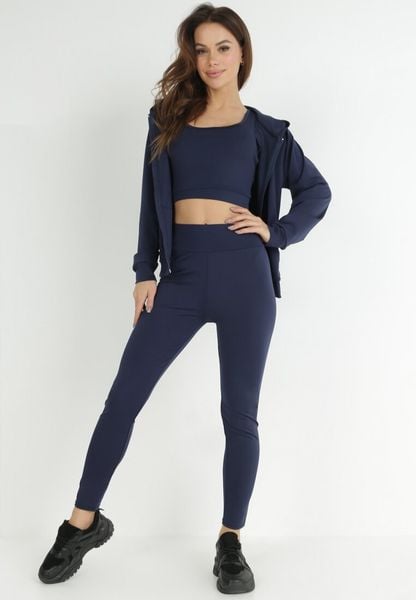 Granatowy Komplet Sportowy 3-częściowy Bluza Legginsy i Top Fika. Niebieskie bluzy z kapturem Born2be, l, bez wzorów, z dresówki, z kapturem, trekkingowe. Za 79.99 zł.