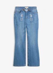 Ludowe jeansy bootcut, mid waist, z haftem. Niebieskie jeansy bonprix, bez wzorów, z jeansu. Za 149.99 zł.