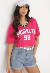 Fuksjowy Bawełniany T-shirt z Napisem Nitanelia. Czerwone t-shirty Born2be, m, bez wzorów, z bawełny, bez kołnierzyka, bez ramiączek. W wyprzedaży za 29.74 zł.