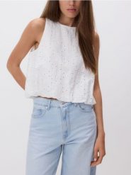 Ażurowa bluzka z bawełny - złamana biel. Bluzki Reserved, l, w ażurowe wzory, z bawełny, bez kołnierzyka, bez ramiączek. W wyprzedaży za 39.99 zł.