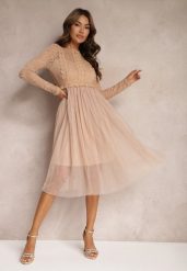 Ciemnobeżowa Elegancka Tiulowa Sukienka o Rozkloszowanym Kroju z Koronką Samelba. Brązowe sukienki Renee, na imprezę, xs, bez wzorów, z koronki, eleganckie, bez kołnierzyka, bez ramiączek, midi, rozkloszowane. W wyprzedaży za 104.99 zł.