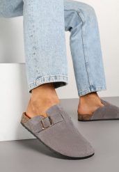 Szare Klapki Ozdobione Klamrą na Pasku Zelevelis. Szare klapki Renee, bez wzorów, z jeansu, eleganckie, bez obcasa, na obcasie, bez zapięcia. W wyprzedaży za 67.49 zł.